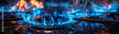 Bright blue flames on a gas stove, dark setting, vibrant and intense, photorealistic, high detail 8K , high-resolution, ultra HD,up32K HD