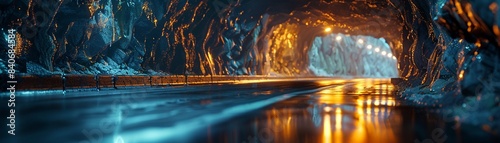 Night tunnel with glowing lights, wet reflective road, rocky walls, high detail, hyperrealistic 8K , high-resolution, ultra HD,up32K HD