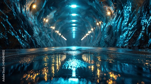 Glowing tunnel lights at night, wet reflective road, rocky surroundings, high resolution, hyperrealistic 8K , high-resolution, ultra HD,up32K HD