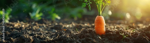 Fresh carrot sticking out of garden soil, realistic, high detail, rich colors, afternoon sunlight, soft focus 8K , high-resolution, ultra HD,up32K HD