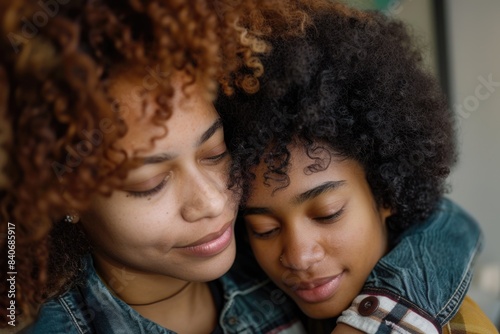 A woman hugs a young girl with curly hair, a moment of tenderness and affection