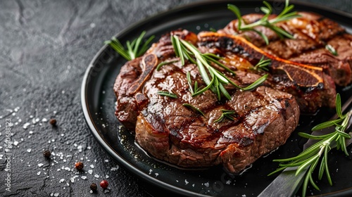 Tender grilled ribeye steak seasoned with rosemary, served on a black plate with a fork.
