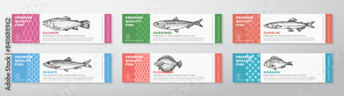Fish Seafood Vector Packaging Label Design Collection Modern Typography and Hand Drawn Salmon, Sardines Dorado and Flounder Product Background Layouts Set