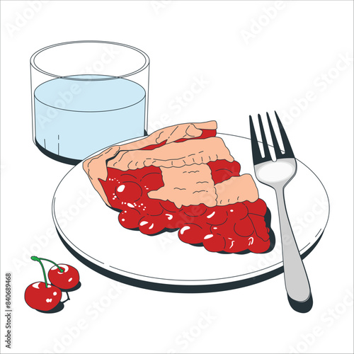 Tart , pie , cake with jellied fresh cranberries, bilberries and winter spices. slice of cherry pie, Flaky Crust, piece on a plate and the whole homemade cherry pie, Long banner format. 2053