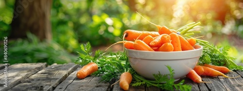 fresh carrots in a white bowl on a wooden table. Selective focus