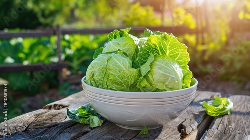 fresh cabbage in a white bowl on a wooden table. Selective focus