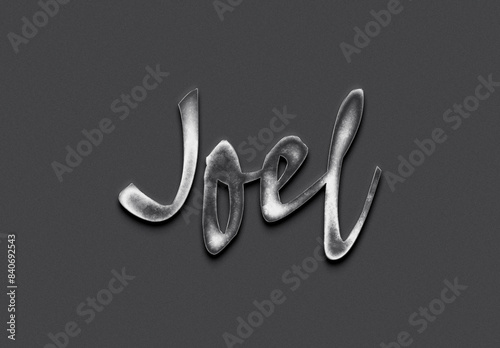 Chrome metal 3D name design of Joel on grey background.