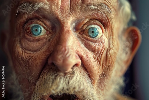 Senior man's close-up portrait highlighting his vibrant blue eyes and emotive wrinkles