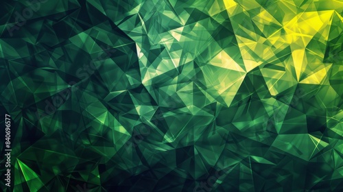 An abstract geometric background with sharp triangles and polygons in various shades of green and yellow. The shapes are layered to create depth and a sense of modernity