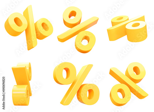 3d set of yellow percent signs discount with different angles. Voucher gift. Stock vector illustration on isolated background. 