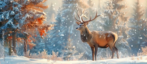 Beautiful winter landscape with deer in the forest, snow falling, sunny day, colorful, photo realistic.