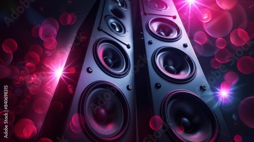 A pair of loudspeakers are shown in a bright pink and purple lights background