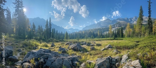 panoramic photo of the Rocky Mountains in British Columbia, meadows and stream.