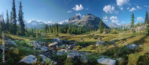 panoramic photo of an alpine valley with stream, rocky mountains in the background,