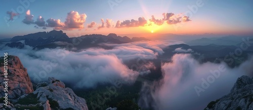 Dol成立以来, sea of clouds on the top of Dolomites, sunrise, magnificent scenery, wideangle lens, distant view, colorful sky,
