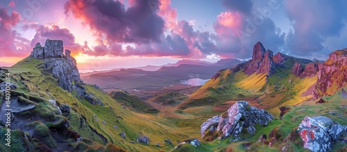 A panoramic view of the dramatic and rugged landscape at sunset.