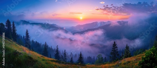 Sunrise over the Dolomites, Italy, view from above with clouds and fog below, epic.