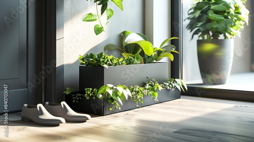 Interior, black rectangular planter with a metal frame in front of a window featuring various green plants