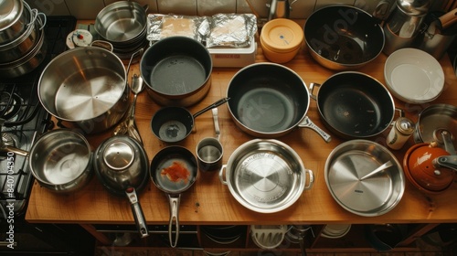 An overhead shot of a variety of pots and pans of different sizes and materials, arranged aesthetically on a wooden kitchen counter, highlighting diversity in cookware