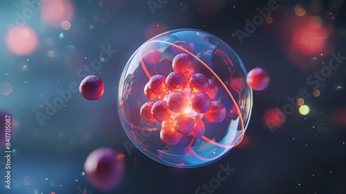 Create an illustration of an atom model, scientific theme, front view, emphasizing protons and neutrons, advanced tone, monochromatic color scheme.