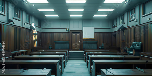 Corte de un juzgado con poca iluminación y acabados de madera marco jurídico legal 