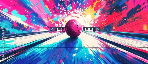 Bowling ball rolling towards pins, photorealistic, high detail, vibrant colors, motion blur, dramatic lighting