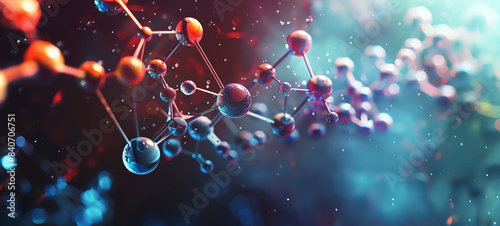 Develop a depiction of a molecular structure, chemistry theme, side view, showcasing atomic connections, futuristic tone, triadic color scheme.