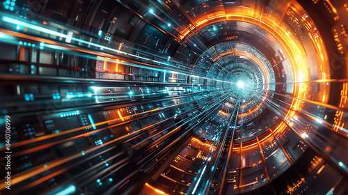 Develop an image of a particle accelerator, highenergy physics theme, side view, emphasizing particle collisions and detectors, futuristic tone, triadic color scheme.