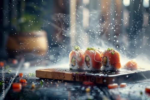 sushi on a wooden board with water droplets