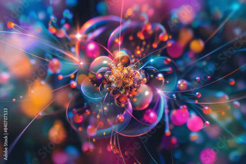 Generate a detailed image of a proton structure, atomic physics theme, top view, showcasing quarks and gluons, scifi tone, vivid color scheme.