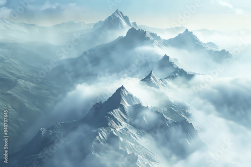 Render a depiction of a cloudcovered mountain range, landscape theme, top view, showcasing misty peaks and drifting clouds, technology tone, analogous color scheme.