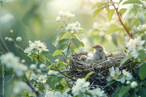 A nest of baby birds is sitting in a tree with flowers