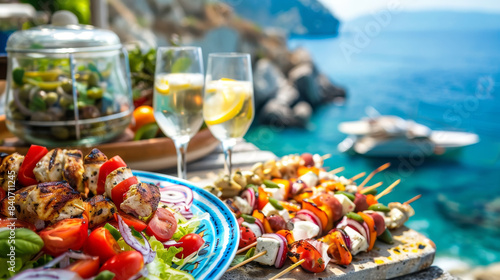 A table with a blue plate of food and two glasses of wine