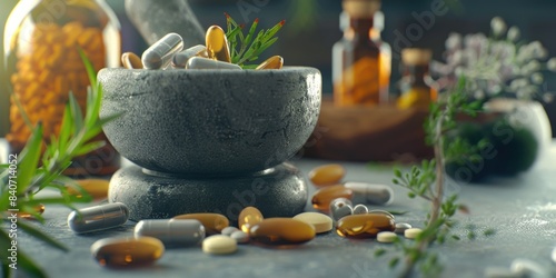A mortar filled with various pills and herbs, suitable for medical or wellness-related uses
