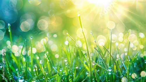 Sun rays sparkling on dewy morning grass