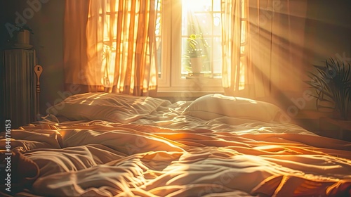Sun rays shining through window into cozy bed