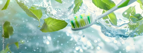 Tooth protection, floating toothbrush for dental care and oral hygiene as electric toothbrush cleaning machine with water splash and mint fresh breath leaves as wide banner with copy space, 4k HD wall