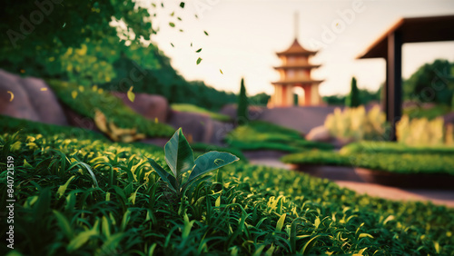 A stunning 3D render of a serene green tea garden design, captured in a cinematic style. 