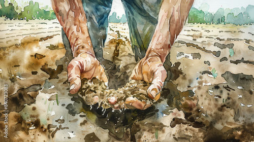 Closeup of a farmer's hands holding dry, crumbling soil in a devastated plantation field, watercolor illustration 