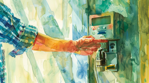 Closeup of a person adjusting the thermostat on an air conditioner, with high electricity usage shown on a digital meter, watercolor illustration 