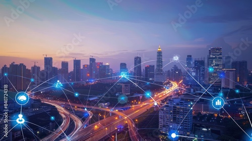 smart wireless digital city with connecting network and internet over the skyline