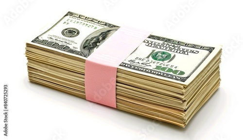 Stack of hundred-dollar bills tied with a pink band. Financial investment and saving concept image in a minimalist style on a white background. Perfect for illustrating banking or finance themes. AI