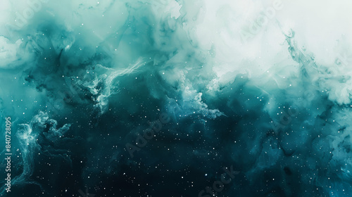 Mystical watercolor space, dark teal and violet gradients, glowing star clusters, abstract nebula, white background for text placement 