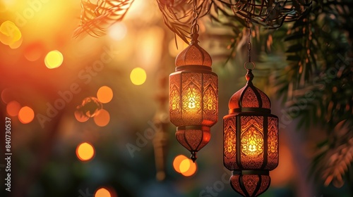 beautiful arabic cultural background with hanging lantern for ramadan kareem vibe