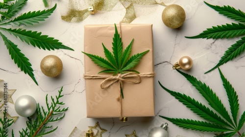 Cannabis gift box on table with cannabis leaf
