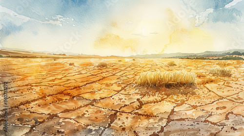 Wide-angle shot of a barren field with cracked soil and wilting crops under a scorching sun, symbolizing the grain crisis, watercolor illustration 
