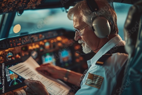 Senior pilot in cockpit reviewing aircraft manual before flight