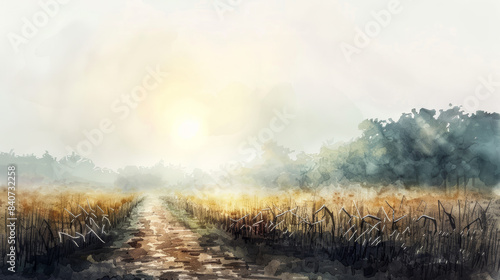 Wide-angle shot of a plantation under a hazy, hot sun with drooping crops and no signs of water, watercolor illustration 
