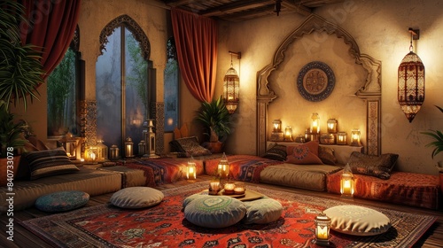 Cozy, warm-lit oriental room, cozy Arabian style living room adorned with lanterns for Ramadan Kareem