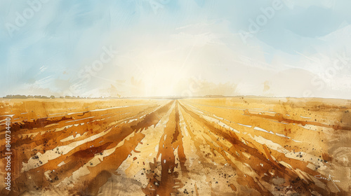 Wide-angle view of a horizon with dead plantation fields stretching out under a harsh, glaring sun, watercolor illustration 